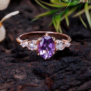 Natural Oval Shaped Amethyst Engagement Ring Unique 925 Sterling Silver Rose Gold Pear Bridal Ring Art Deco Promise Anniversary Ring