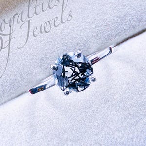 Round Cut Black Rutilated Quartz Ring, Salt And Pepper Diamond Ring, Rutile Tourmalinated Quartz Solitaire Ring, Anniversary Gift For Her