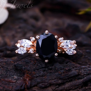 Black Onyx Engagement Ring, Oval Cut 14K Yellow Gold Engagement Ring Cluster Diamond Bridal Ring Handmade Promise Ring Eternity Ring for her