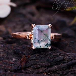 Moss Agate Emerald Cut Ring, moss agate engagement ring, moss agate gold ring, moss agate, emerald cut ring, moss agate statement ring