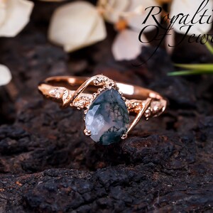 Pear Natural Moss Agate Engagement Ring Rose Gold Promise Ring Leaf Nature Inspired Bridal Ring Green Gemstone Ring Jewelry Gifts For Her
