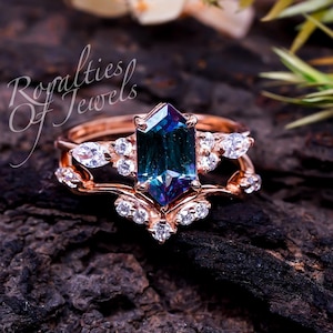 Alexandrite Long Hexagon Engagement Ring Set, 14K Rose Gold Silver 925 Alexandrite Ring, Promise Ring Unique Wedding Ring Bridal Set Gift
