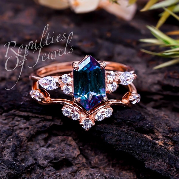 Alexandrite Hexagon Ring Set: 14K Rose Gold & Sterling Silver Bridal Gift