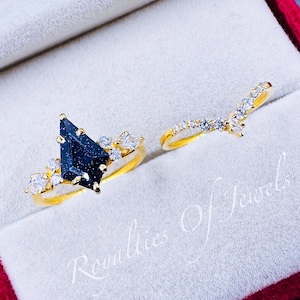 Vintage Kite Cut Blau Sandstein Verlobungsring Set, 14K Rose Gold überzogene Ehering Set, CZ Versprechen Ring, einzigartige Jubiläum Ring Set
