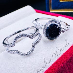 Unique Galaxy Ring Set,Oval Blue Sandstone Engagement Ring Set,Silver Gold Moissanite Ring,Curved Enhancer Anniversary Gift For Her