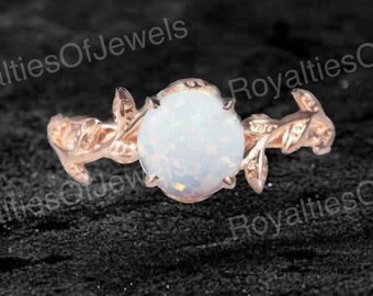 Round opal ring for women unique dainty vintage opal engagement ring leaf flower art deco 14k rose gold silver wedding bridal promise ring