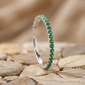 14K White Gold Emerald Wedding Band, Full Eternity Round Cut Emerald Ring, Thin Pave Stacking Band, Matching Wedding Ring, Birthday Jewelry