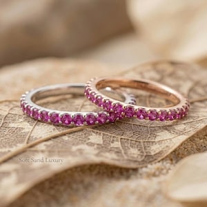 Solid Gold Lab Grown Ruby Eternity Band, 1.5mm Stackable Ring, July Birthstone, Anniversary Gift