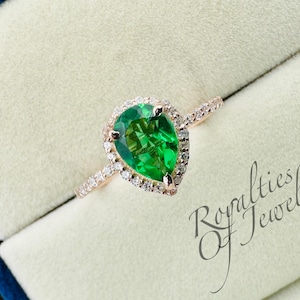 Emerald Ring, May Birthstone Ring, Pear Emerald Engagement Ring, Rose Gold Emerald Ring, Halo Ring, Promise Ring, Green Gemstone