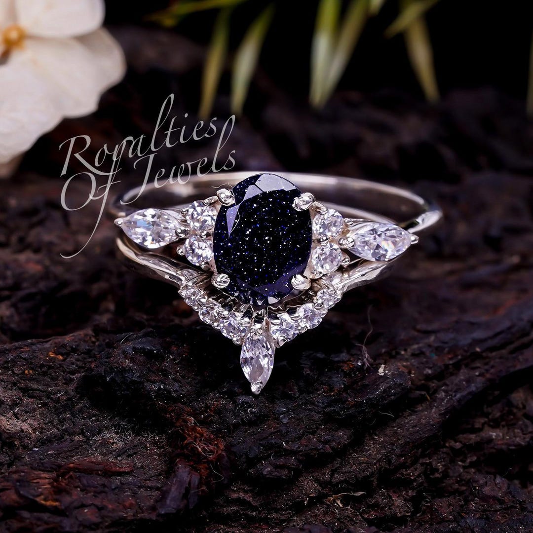 Oval Blue Sandstone Engagement Ring Set: 14k White Gold, Cubic Zirconia ...