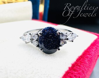Vintage Blue Sandstone Ring: Oval Galaxy 925 Sterling Silver Promise Ring
