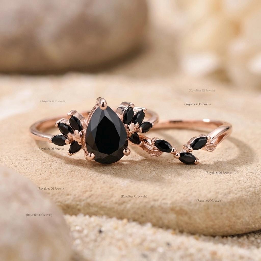 Pear Shaped Black Onyx Engagement Ring Set, 14K Gold Cluster