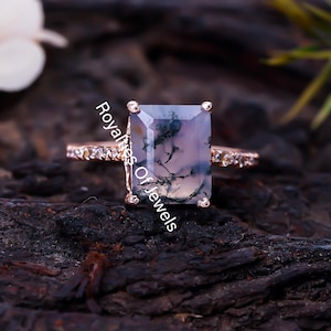 Emerald Cut Moss Agate Ring Rose Gold Vintage Engagement Ring Statement Ring Half Eternity Wedding Bridal Band Anniversary Promise Ring