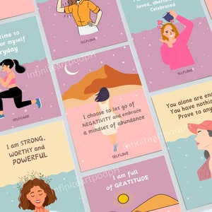 May include: A set of eight pink and blue motivational cards with illustrations of women and inspirational quotes. The quotes include "I take time to care for myself everyday", "I am strong, worthy and powerful", "I choose to let go of negativity and embrace a mindset of abundance", "I am full of gratitude", "You alone are enough. You have nothing to prove to anyone", "I love you", "Self love", and "Self care".