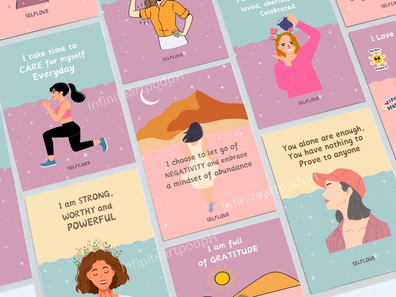 May include: A set of eight pink and blue motivational cards with illustrations of women and inspirational quotes. The quotes include "I take time to care for myself everyday", "I am strong, worthy and powerful", "I choose to let go of negativity and embrace a mindset of abundance", "I am full of gratitude", "You alone are enough. You have nothing to prove to anyone", "I love you", "Self love", and "Self care".