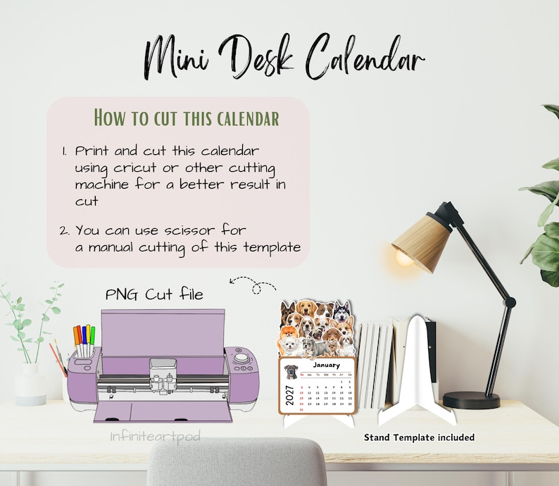 May include: A digital template for a 2027 mini desk calendar featuring a collage of various dog breeds. The graphic includes instructions for cutting with a Cricut machine or scissors, a PNG cut file illustration, and a white stand template.
