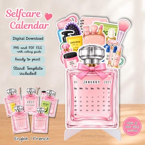 May include: A Selfcare Calendar digital download featuring a pink perfume bottle design for January 2021. The illustration includes various beauty products like a hairbrush, sunscreen, and lip balm. Text includes Selfcare Calendar, Digital Download, PNG and PDF FILE, and Stand Template included.