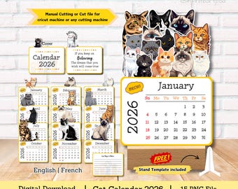 Calendrier de chat 2026 : fichier PNG pour créations artisanales (téléchargement numérique)