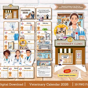 Puede incluir: Un calendario veterinario de descarga digital para 2026, con ilustraciones de mascotas, una clínica veterinaria y suministros médicos. El calendario incluye páginas mensuales, huellas de patas y el texto "Veterinary Clinic". Incluye 19 archivos PNG.