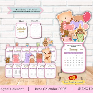 Bärenkalender 2026, Tischkalender Bär, Druckbarer Kalender, Minikalender, kawaii Bärenkalender, niedlicher Kalender, Schnittdatei für Cricut