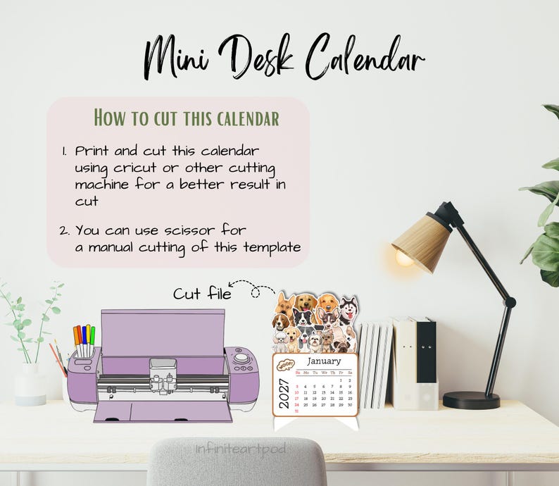 May include: A digital template for a 2027 mini desk calendar featuring illustrations of various dog breeds. The graphic includes instructions for cutting with a machine or scissors, a purple cutting machine illustration, and a calendar page for January.