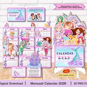 May include: A mermaid-themed 2026 calendar with a pink and blue color scheme. The calendar features mermaid illustrations for each month, a mermaid tail design, and the text "CALENDAR 2026". Includes a stand template.
