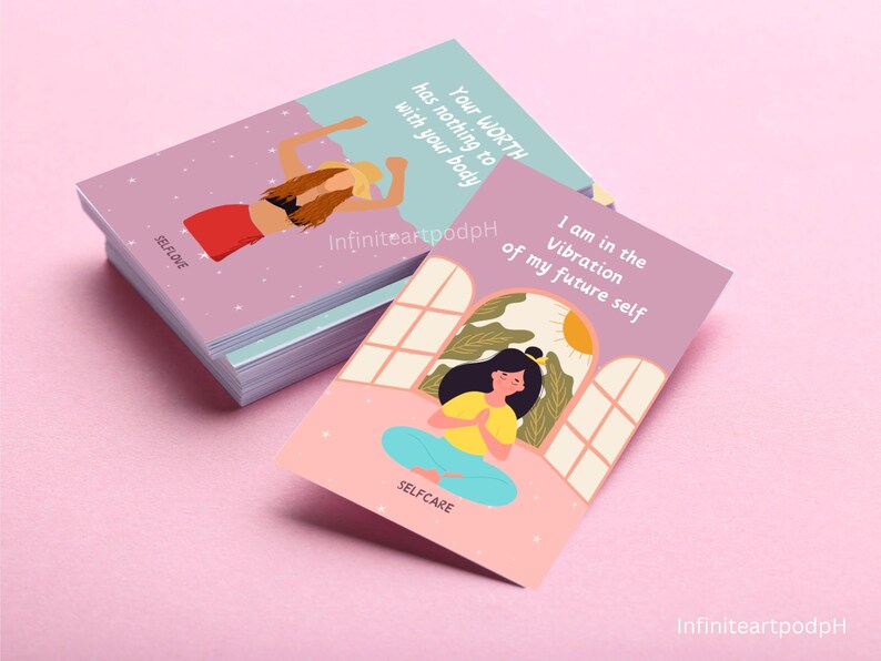 May include: Two purple affirmation cards with illustrations of women. The first card says "Your WORTH has nothing to do with your body" and the second card says "I am in the Vibration of my future self".