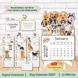 Hondenkalender, bureaukalender, mini-bureaukalender, kalender 2027, bureaukalender 2027, kalender met knipbestand, kalendersjabloon