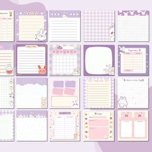 May include: Printable notepad with 16 different pages featuring cute bunny illustrations and various organizational layouts, including meal planning, to-do lists, and recipe templates.