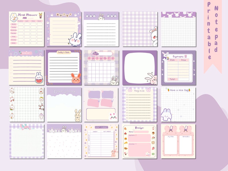 May include: Printable notepad with 16 different pages featuring cute bunny illustrations and various organizational layouts, including meal planning, to-do lists, and recipe templates.