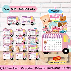 Puede incluir: Una descarga digital imprimible de un calendario 2025-2026 con un camión de helados rosa y morado con temática de dulces. El calendario incluye una plantilla de soporte para cortar. El texto "Bienvenido a Candyland" y "Crema de caramelo" aparece en la imagen.