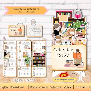 May include: A 2027 printable calendar set featuring book-themed illustrations, including a bookshelf, reading characters, cats, and plants. The digital download includes 15 PNG files with monthly pages, a cover, and a stand template for manual cutting.