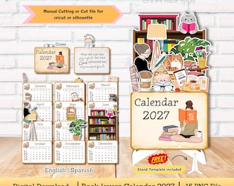 May include: A 2027 printable calendar set featuring book-themed illustrations, including a bookshelf, reading characters, cats, and plants. The digital download includes 15 PNG files with monthly pages, a cover, and a stand template for manual cutting.