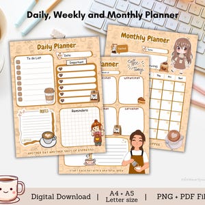 Kaffee Planer, Kaffee Tagesplaner, Kaffee Wochenplaner, Kaffee Monatsplaner, Kaffee Notizblock, Kawaii Notizblock, Notizblock Vorlage