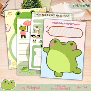 Op de afbeelding: Een set van vier printbare notitieblokpagina's met een kikkerthema. Elke pagina heeft een ander ontwerp met een schattige kikkerillustratie en inspirerende tekst. De tekst op de pagina's luidt "You are on the right time" en "Grab every opportunity".
