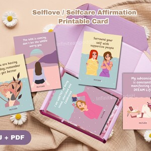 May include: Set of printable self-love affirmation cards with colorful illustrations and positive messages. The cards feature phrases like "The WIN is coming, don't let the WHEN worry you" and "I am WORTHY of being loved, cherished and Celebrated".