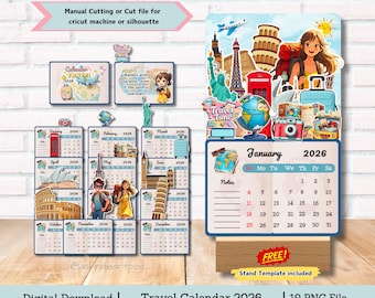 May include: A digital download of a printable travel calendar for 2026. The calendar features a colorful design with travel-themed illustrations and a stand template. The calendar is available in 19 PNG files.