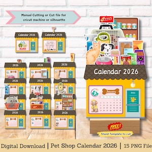 Puede incluir: Una descarga digital de un calendario de tienda de mascotas para 2026. El calendario está diseñado para ser recortado y ensamblado. La imagen muestra una fachada de tienda amarilla y marrón con un calendario para enero de 2026. El calendario está rodeado de imágenes de mascotas, suministros para mascotas y un tema de tienda de mascotas.