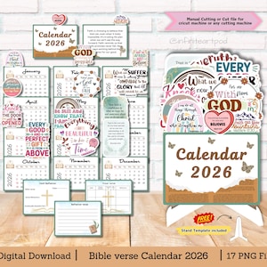 May include: A digital download of a Bible verse calendar for 2026. The calendar features monthly pages with inspirational quotes and illustrations. The design includes butterflies and the text "Calendar 2026".