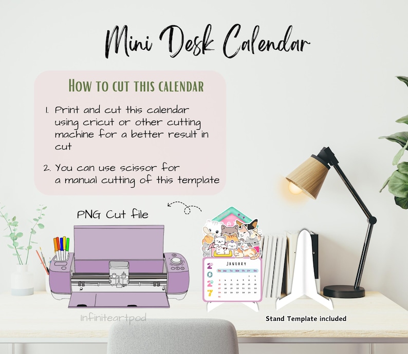 May include: A digital mini desk calendar template featuring a cat illustration, a purple cutting machine, and a white stand template. Text includes "Mini Desk Calendar," "How to cut this calendar," "PNG Cut file," and "Stand Template included."