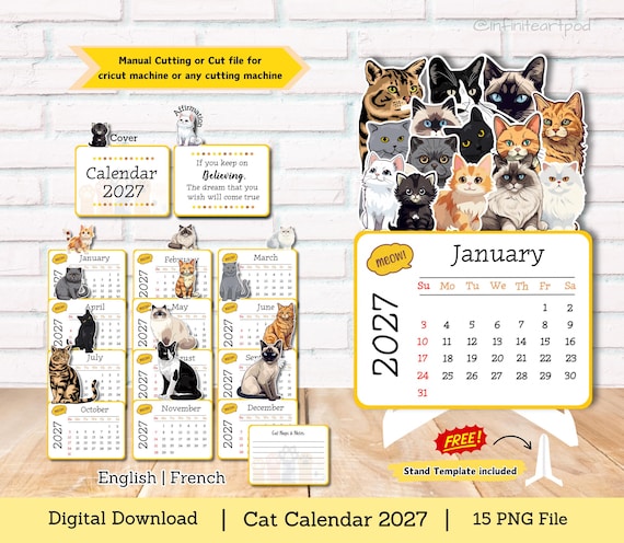 Cat Calendar 2027: DIY Craft PNG Cut File (Digital Download)