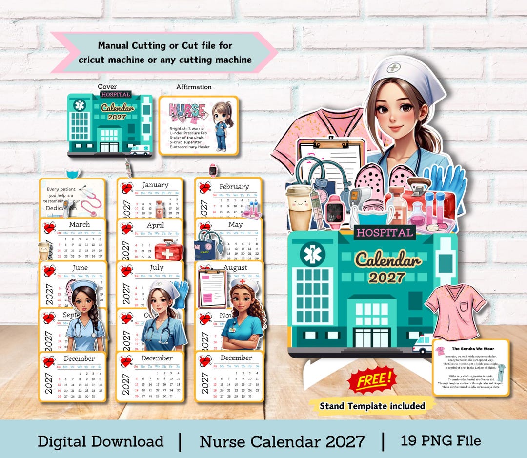 Nurse Desk Calendar 2027: Medical Theme, DIY Cut File (digital