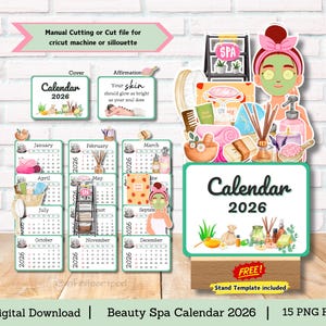 May include: A digital download of a beauty spa calendar for 2026. The calendar features a green and white color scheme with a spa-themed design. The calendar includes 15 PNG files, a stand template, and a cover page with the text "Calendar 2026".