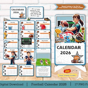 May include: A digital download football calendar for 2026. The calendar features illustrations of football-related items and players. The calendar includes the text "CALENDAR 2026" and "SUCCESS ISN'T GIVEN - IT'S BUILT BY HARD WORK, SACRIFICE, AND THE LOVE OF THE GAME."