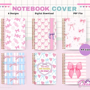 以下が含まれることがあります： A5サイズのノートカバー用の印刷可能なデザインが6つあります。デザインには、ピンクと白のリボン、ハート、パステルカラーのストライプが描かれています。デザインの1つには、「BIG BOWS BIG DREAMS BIG HEART」というテキストが書かれています。