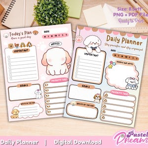 May include: Two pastel-colored daily planner sheets with cute dog illustrations. The left sheet says "Today's Plan" and the right sheet says "Daily Planner". Each sheet has sections for notes, goals, and priority tasks. The size is 8.5x11 inches.