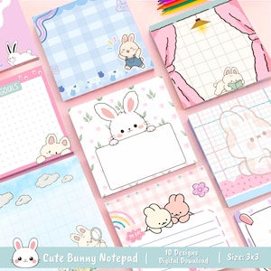 Puede incluir: Una colección de blocs de notas con temática de conejitos. Los blocs de notas presentan varios diseños, incluyendo conejitos, nubes y patrones florales. El texto en el bloc de notas dice "GOALS" y "TO DO". Cada bloc de notas mide 7,6 x 7,6 cm.