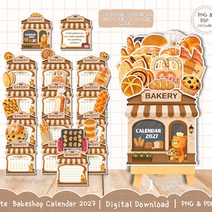 May include: A 2027 bakery-themed calendar set featuring brown and cream striped awnings, illustrations of various breads, pastries, and a bear character. Includes text such as 'BAKERY', 'CALENDAR 2027', and 'A little patience can turn simple ingredients into something wonderful'.