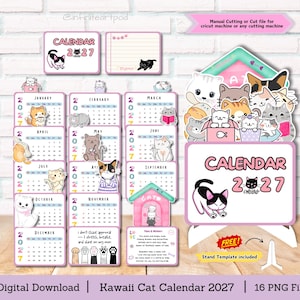 Peut inclure: Un ensemble de calendrier numérique 2027 avec des illustrations de chats kawaii. La collection comprend des pages mensuelles avec divers personnages de chats, un modèle de support et des textes comme Calendar 2027, Paws & Whiskers et I don't chase approval. Le design utilise des couleurs pastel et inclut 16 fichiers PNG.