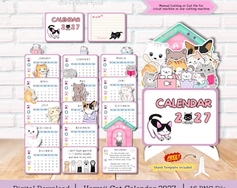 Kawaii Cat Calendar 2027, Desk Calendar, Calendar 2027, Cat Calendar, stackable calendar, cut file for cricut, printable calendar, PNG file